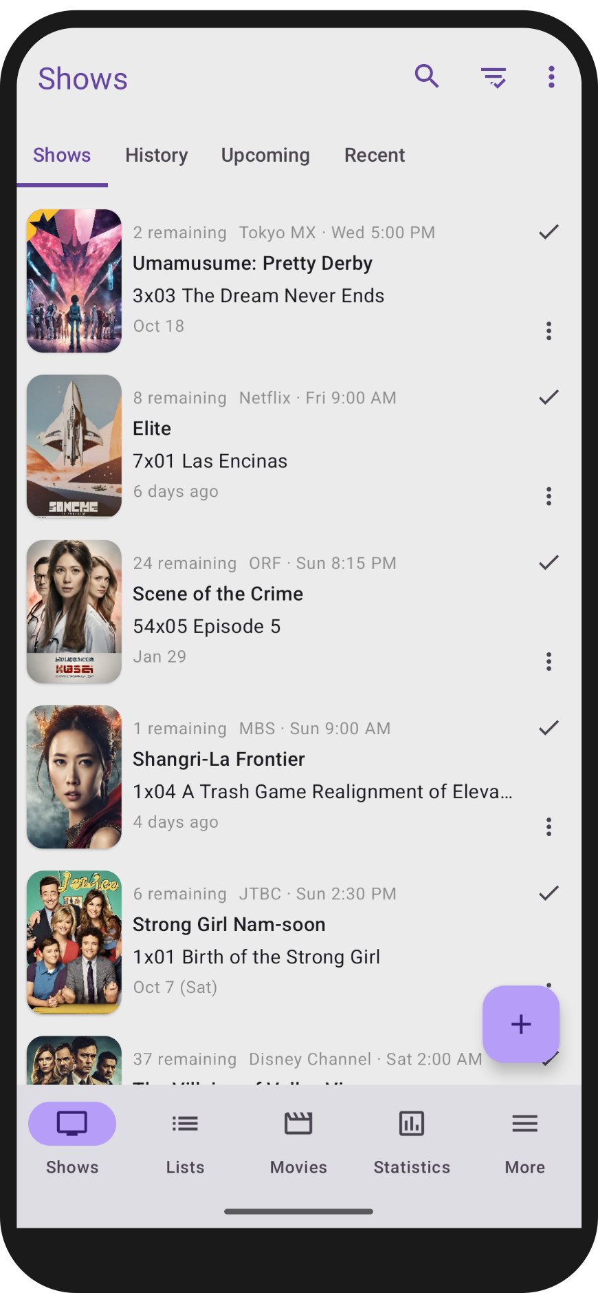 Screenshot showing the main screen of SeriesGuide with a list of shows.